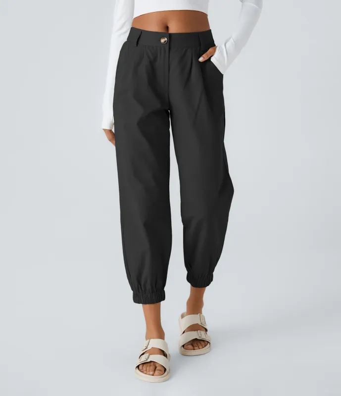 Halara Joggers algodón bolsillo lateral cremallera botón tiro medio - Black - L(petite) made by Halara