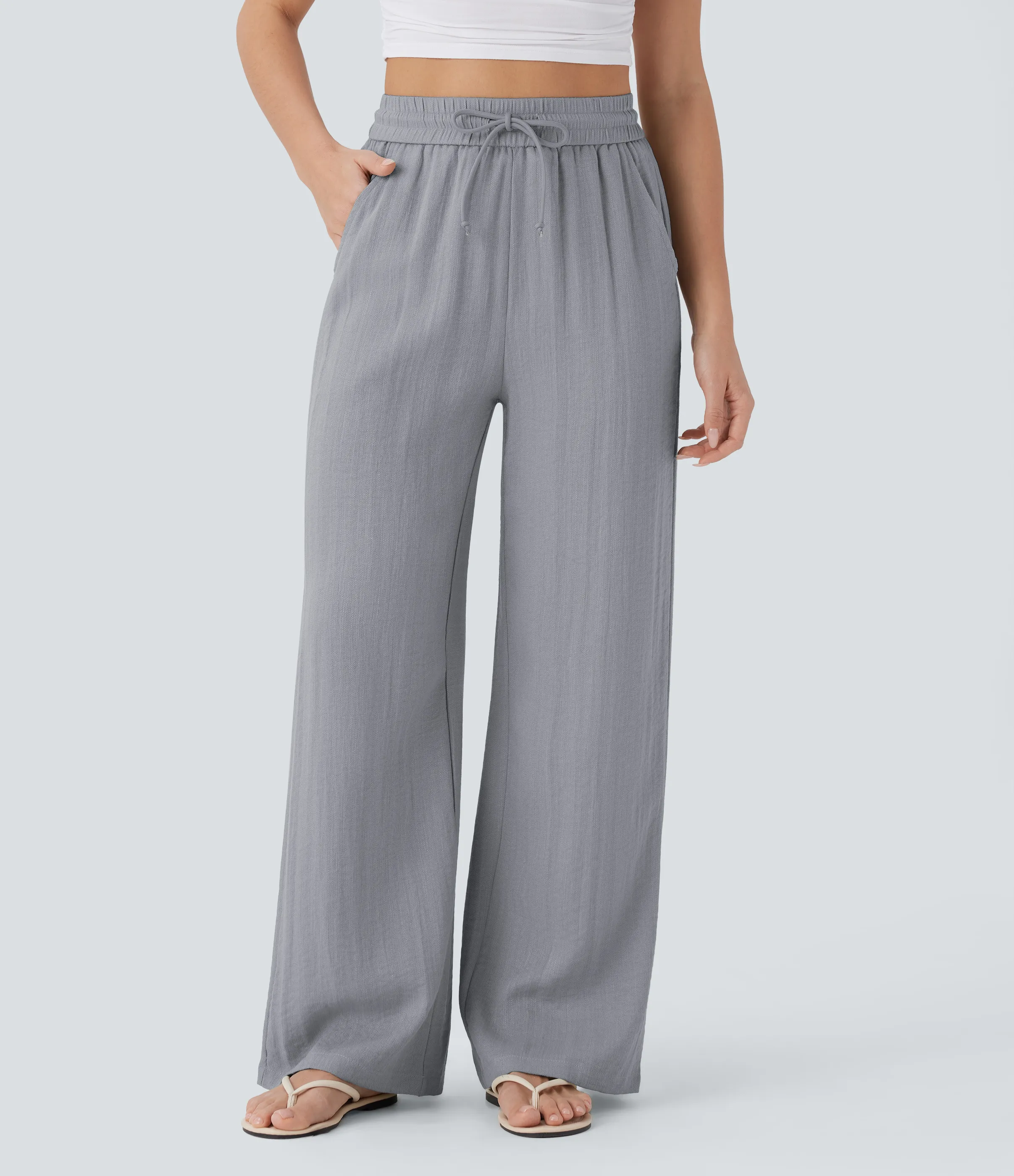Halara Pantalón lino tiro alto cordón ajustable bolsillo lateral pierna ancha - Steel Gray - XL(petite) sold by Halara product image thumbnail 2