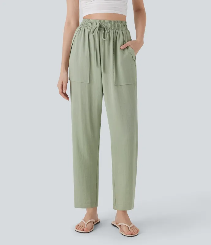 Halara Pantalones casuales de lino de tiro alto con cordón y bolsillos - Thin Mint - Seafoam - M(regular) made by Halara