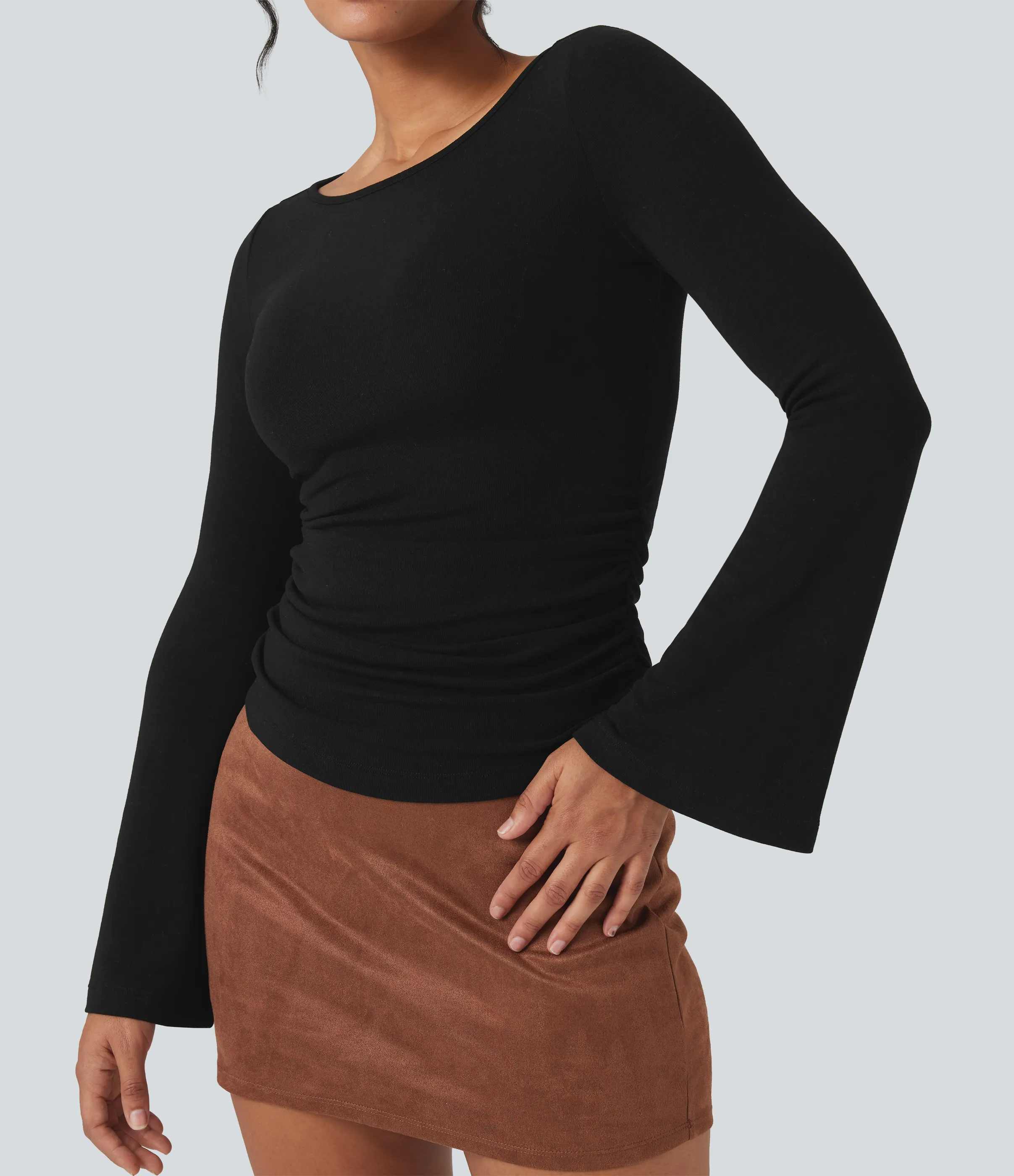 Halara Top casual térmico fruncido de manga larga con cuello barco - Black - M sold by Halara product image thumbnail 5