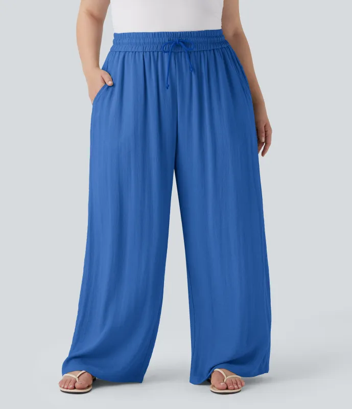 Halara Pantalón lino tiro alto cordón ajustable pierna ancha bolsillo talla grande - Strong Blue - 3X(regular) made by Halara