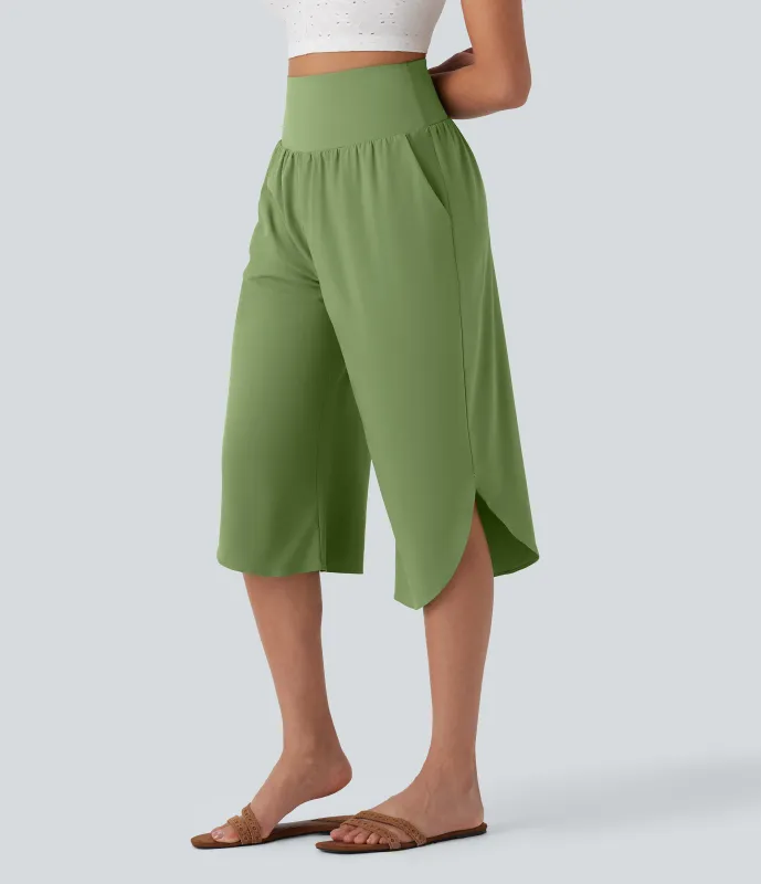 Halara Pantalón Breezeful™ SoCinched Capri Resort tiro alto control abdomen dobladillo dividido secado rápido bolsillo lateral - Hot Wasabi - Green - S made by Halara