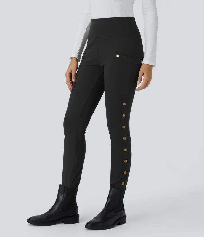 Halara Pantalón ajustado hasta tobillo bolsillo lateral botón decorativo tiro alto - Black - L(regular) made by Halara