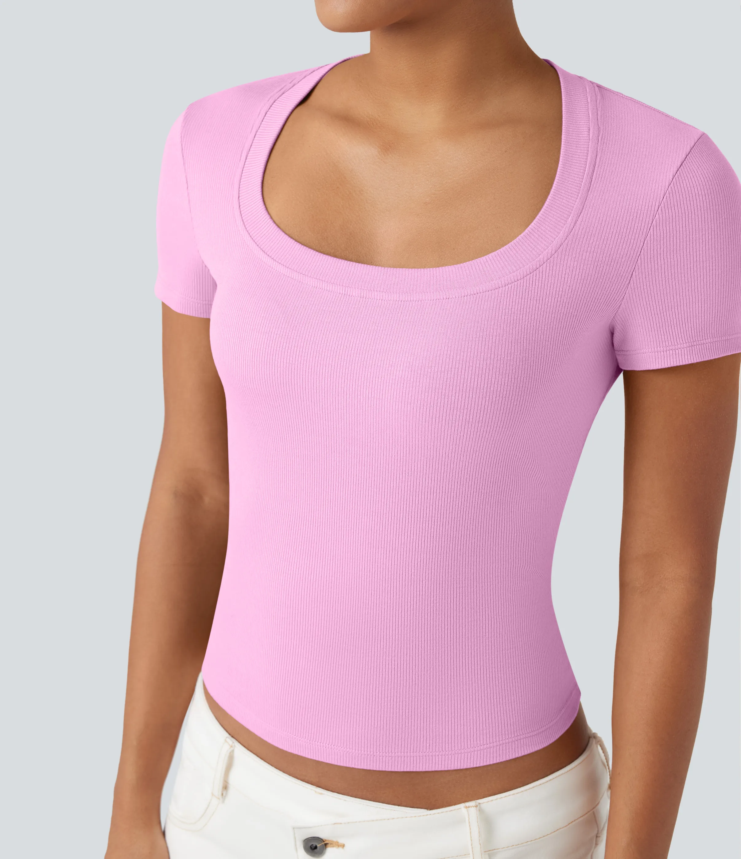 Halara Camiseta casual de manga corta de punto acanalado - Pink Soft Frosting - M sold by Halara product image thumbnail 2