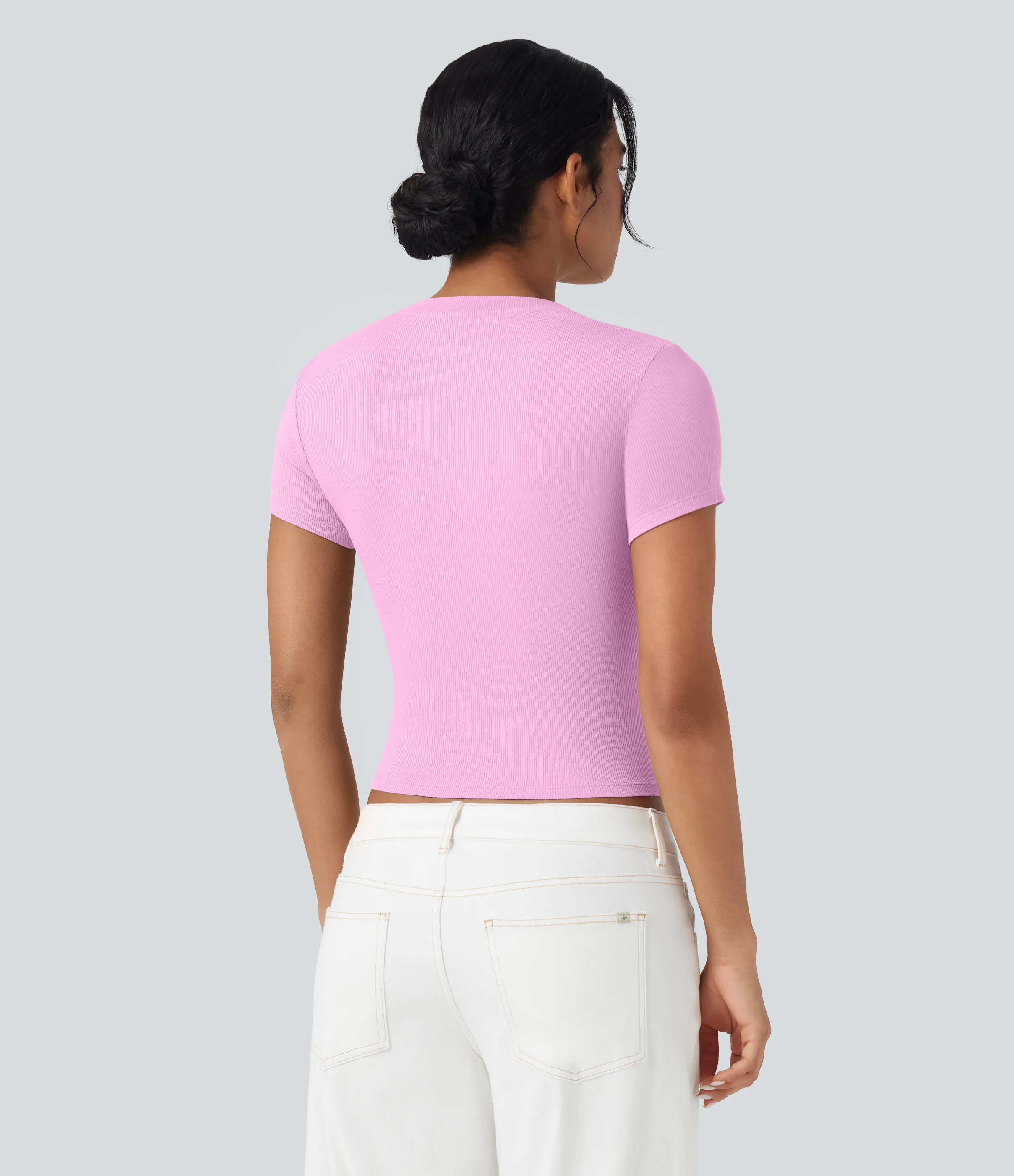 Halara Camiseta casual de manga corta de punto acanalado - Pink Soft Frosting - M sold by Halara product image thumbnail 3