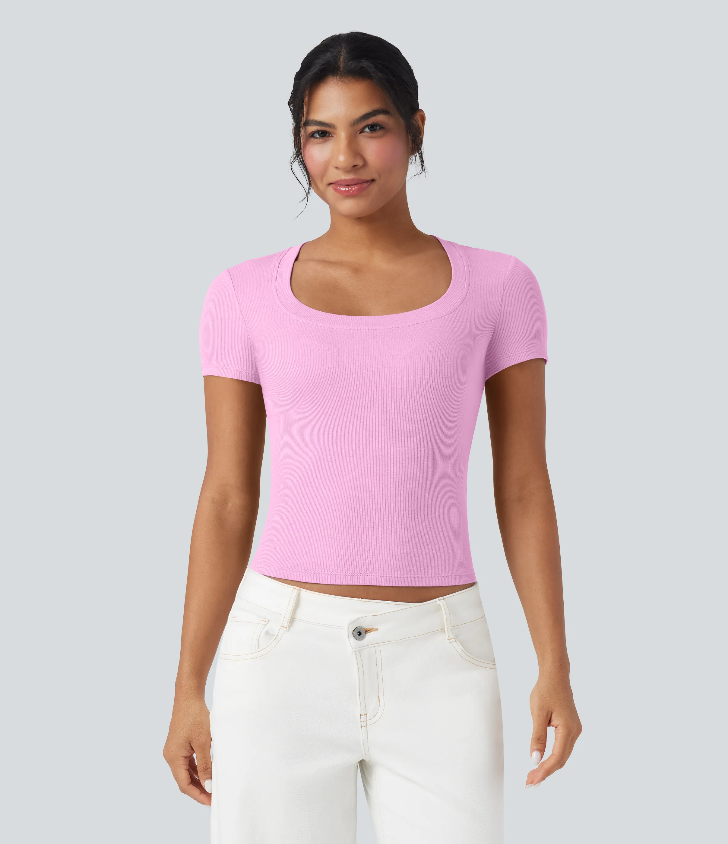 Halara Camiseta casual de manga corta de punto acanalado - Pink Soft Frosting - M sold by Halara product image thumbnail 4