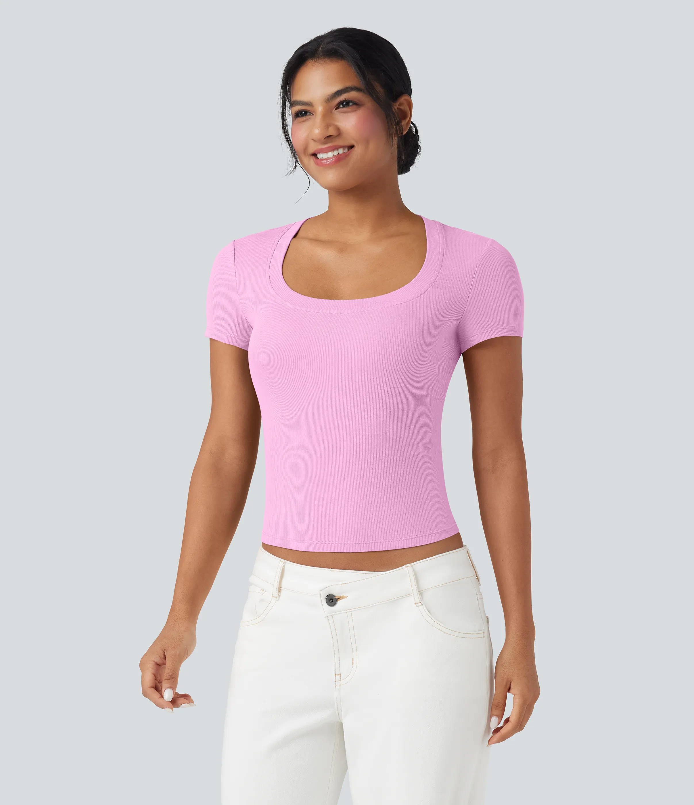 Halara Camiseta casual de manga corta de punto acanalado - Pink Soft Frosting - M sold by Halara product image thumbnail 5