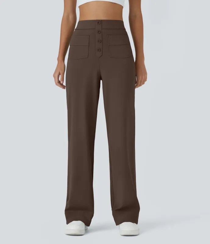 Halara Pantalones pierna recta múltiple bolsillo botón tiro alto - Chocolate Martini - S(regular) made by Halara