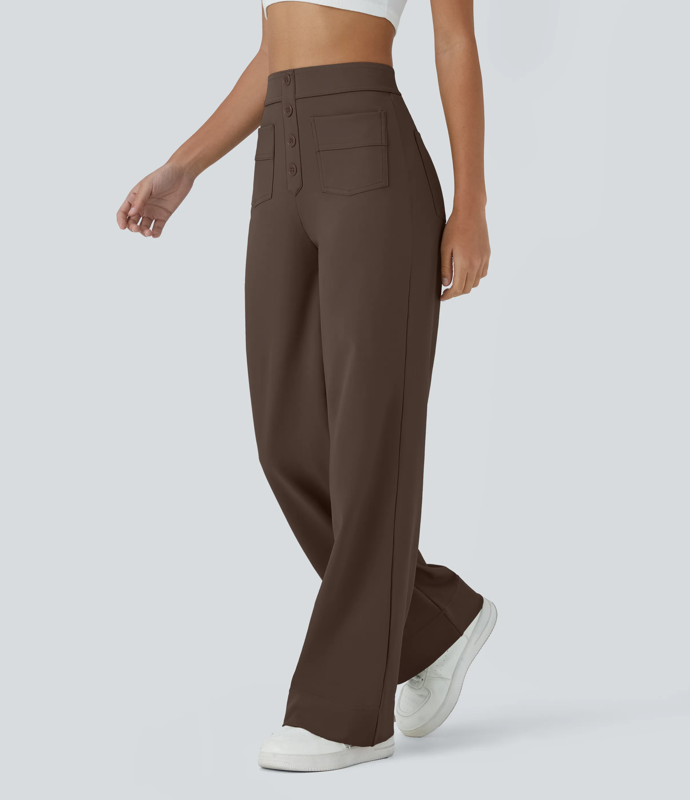 Halara Pantalones pierna recta múltiple bolsillo botón tiro alto - Chocolate Martini - S(regular) sold by Halara product image thumbnail 4