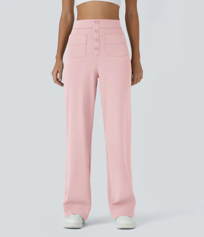 Halara Pantalones pierna recta múltiple bolsillo botón tiro alto - Primrose Pink - S(tall) made by Halara