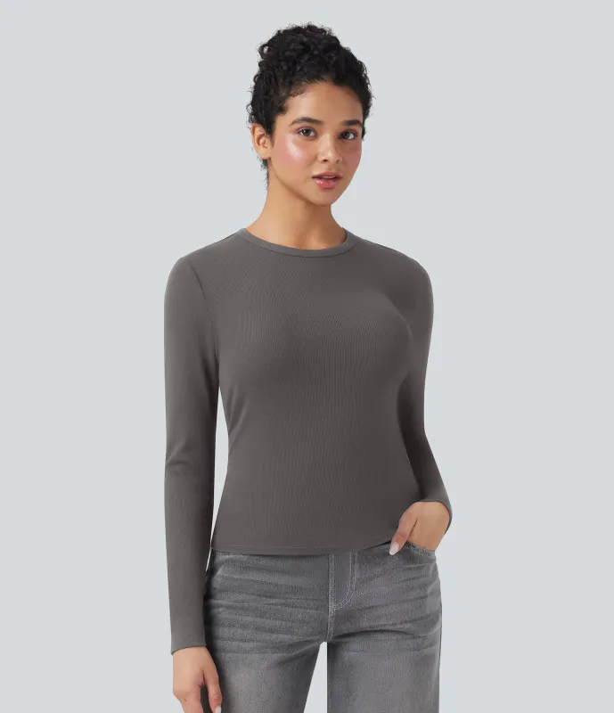 Halara Top casual de manga larga con cuello redondo y punto acanalado - Dark Gull Gray - XS made by Halara