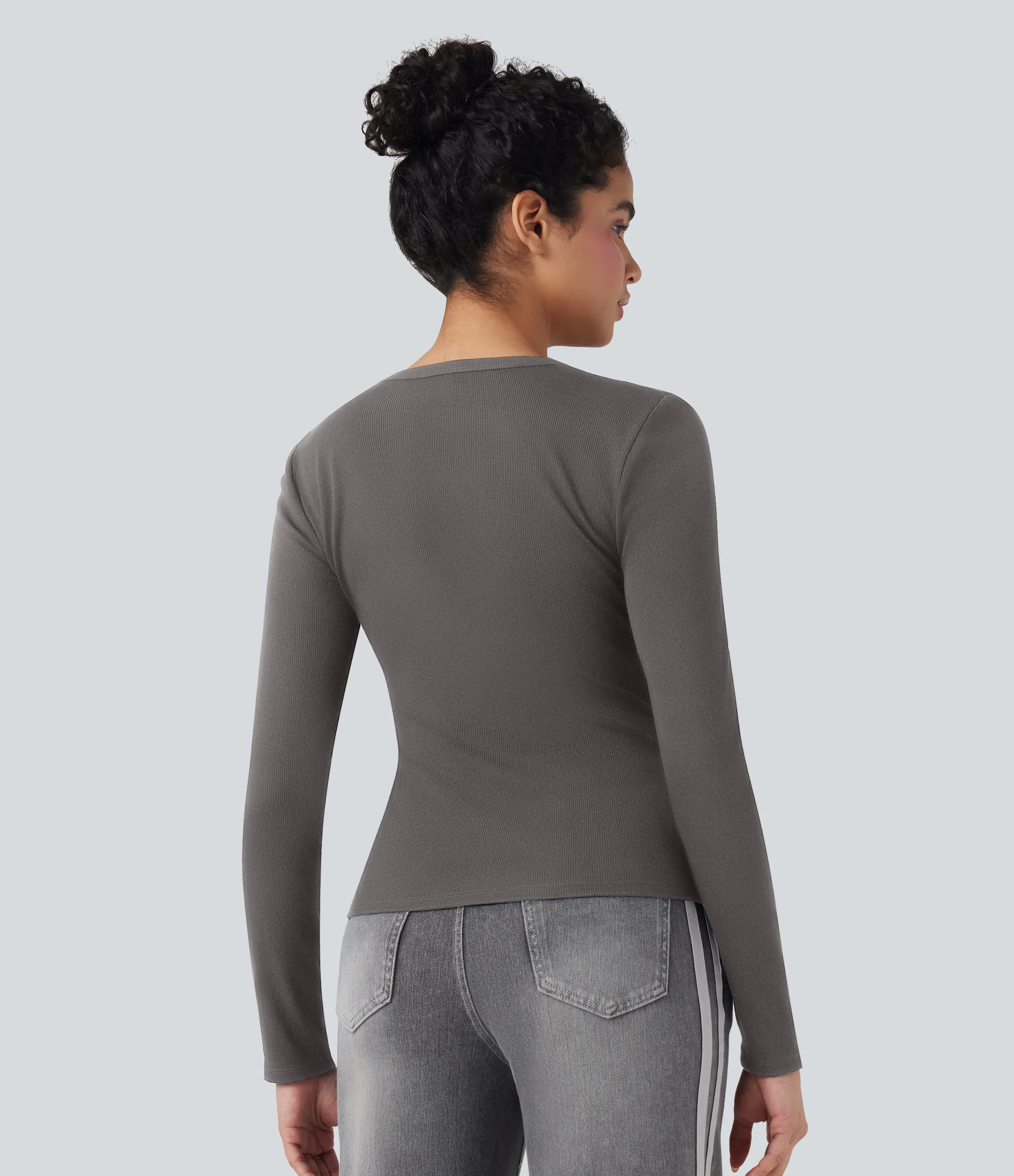 Halara Top casual de manga larga con cuello redondo y punto acanalado - Dark Gull Gray - XS sold by Halara product image thumbnail 3