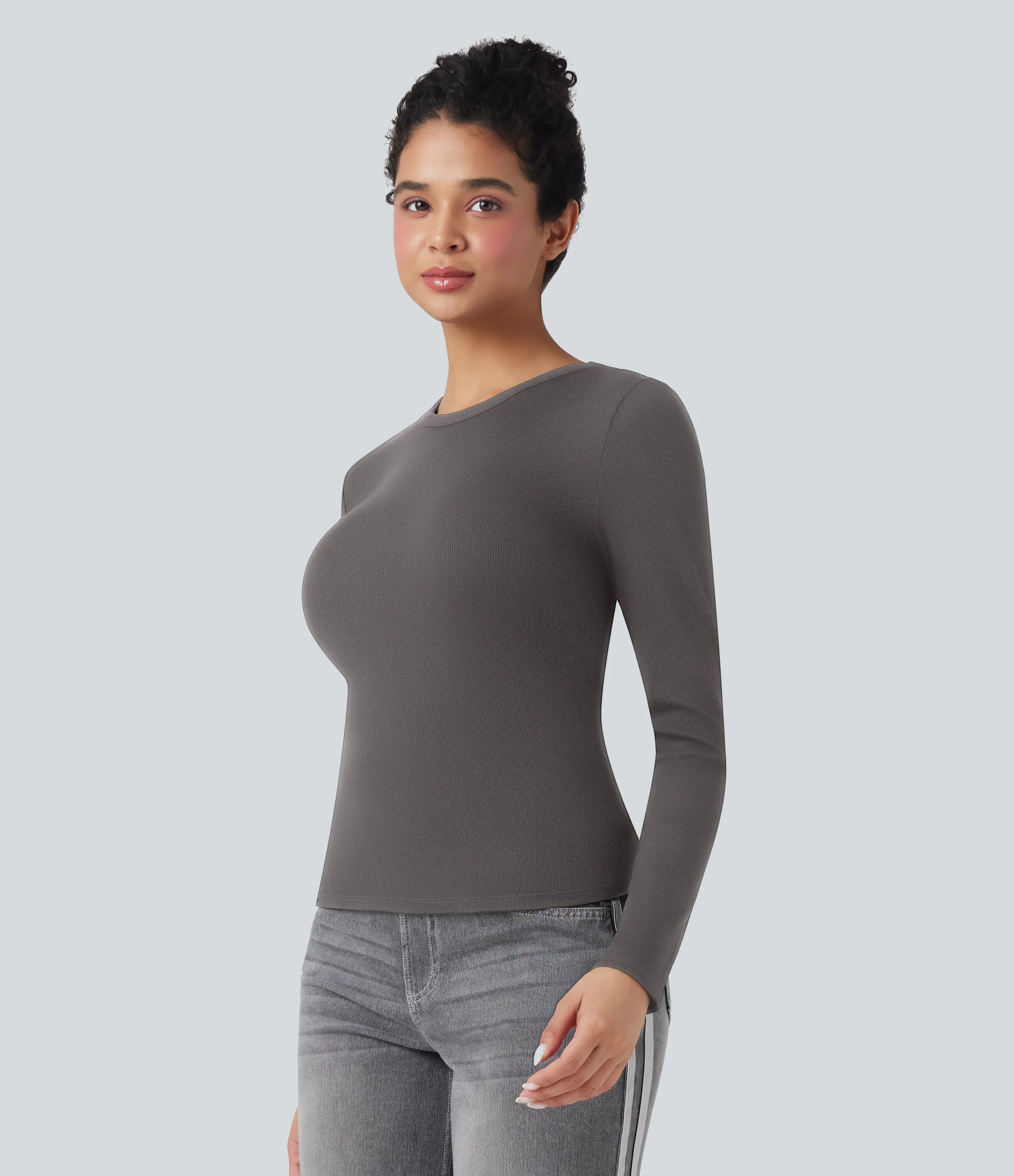 Halara Top casual de manga larga con cuello redondo y punto acanalado - Dark Gull Gray - XS sold by Halara product image thumbnail 4