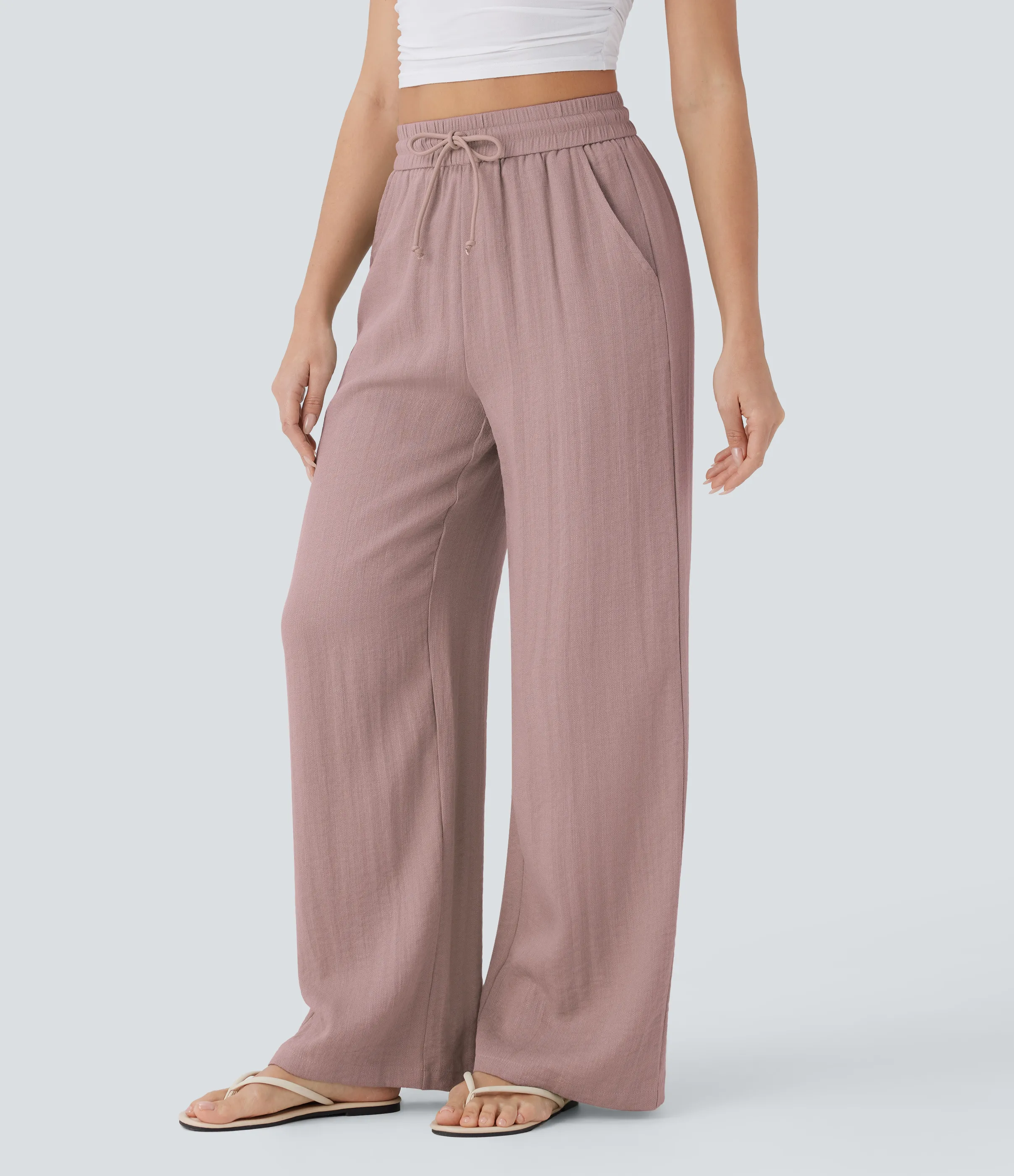 Halara Pantalón lino tiro alto cordón ajustable bolsillo lateral pierna ancha - Deauville Mauve - S(petite) sold by Halara product image thumbnail 4