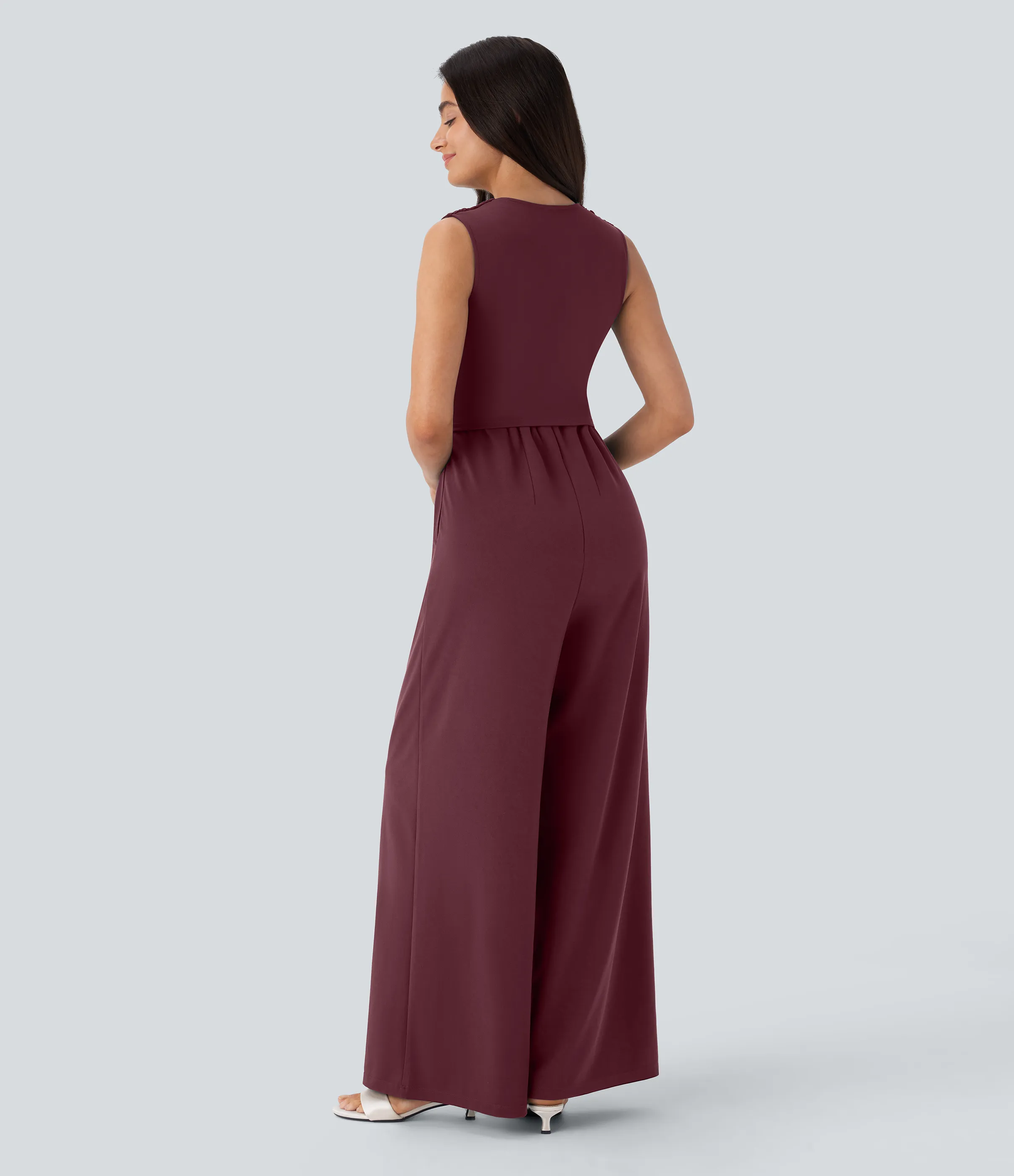 Halara Mono fiesta cuello V sin mangas fruncido lateral cremallera invisible - Easy Peezy - Zinfandel - M(petite) sold by Halara product image thumbnail 3