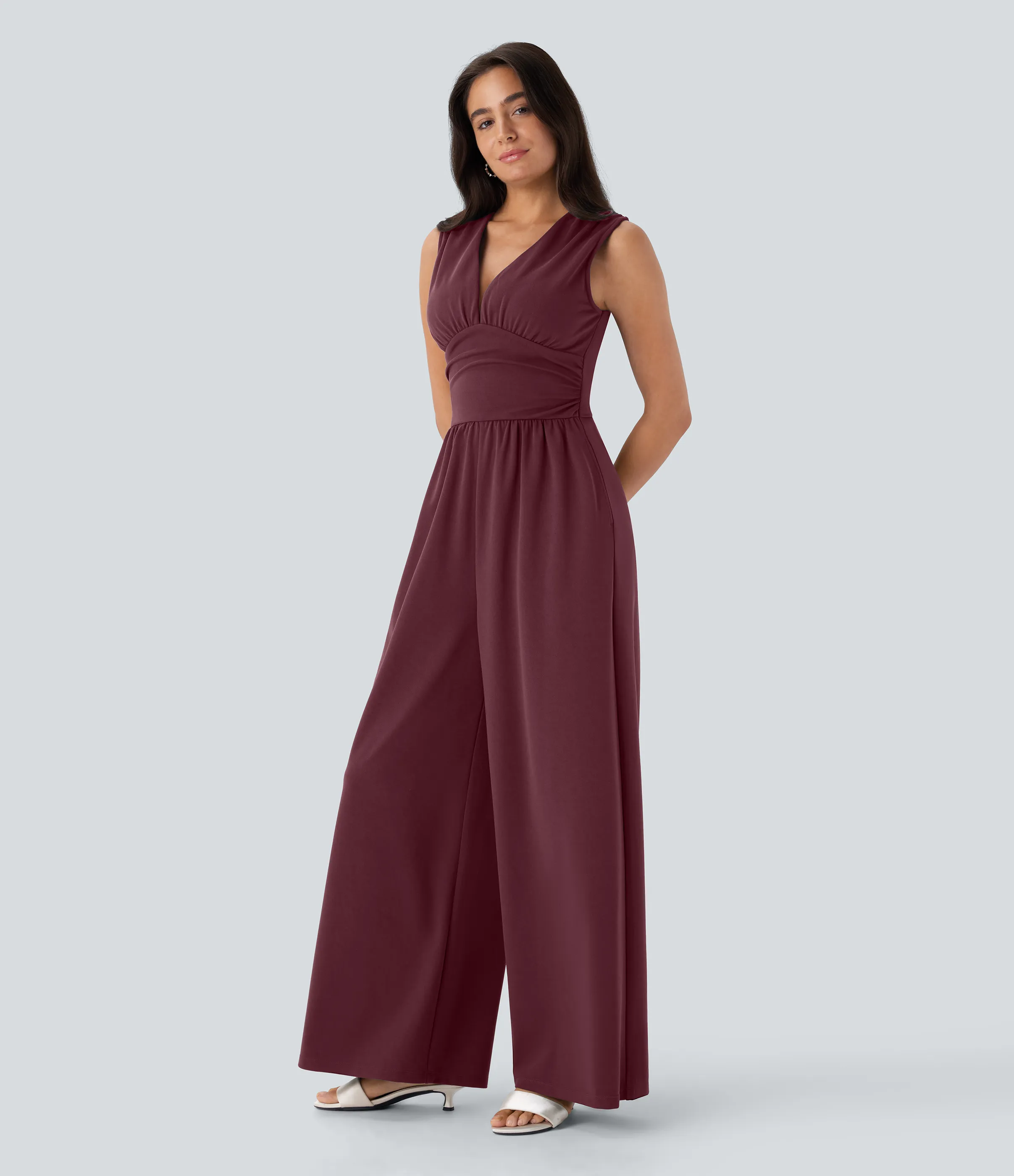 Halara Mono fiesta cuello V sin mangas fruncido lateral cremallera invisible - Easy Peezy - Zinfandel - M(petite) sold by Halara product image thumbnail 4
