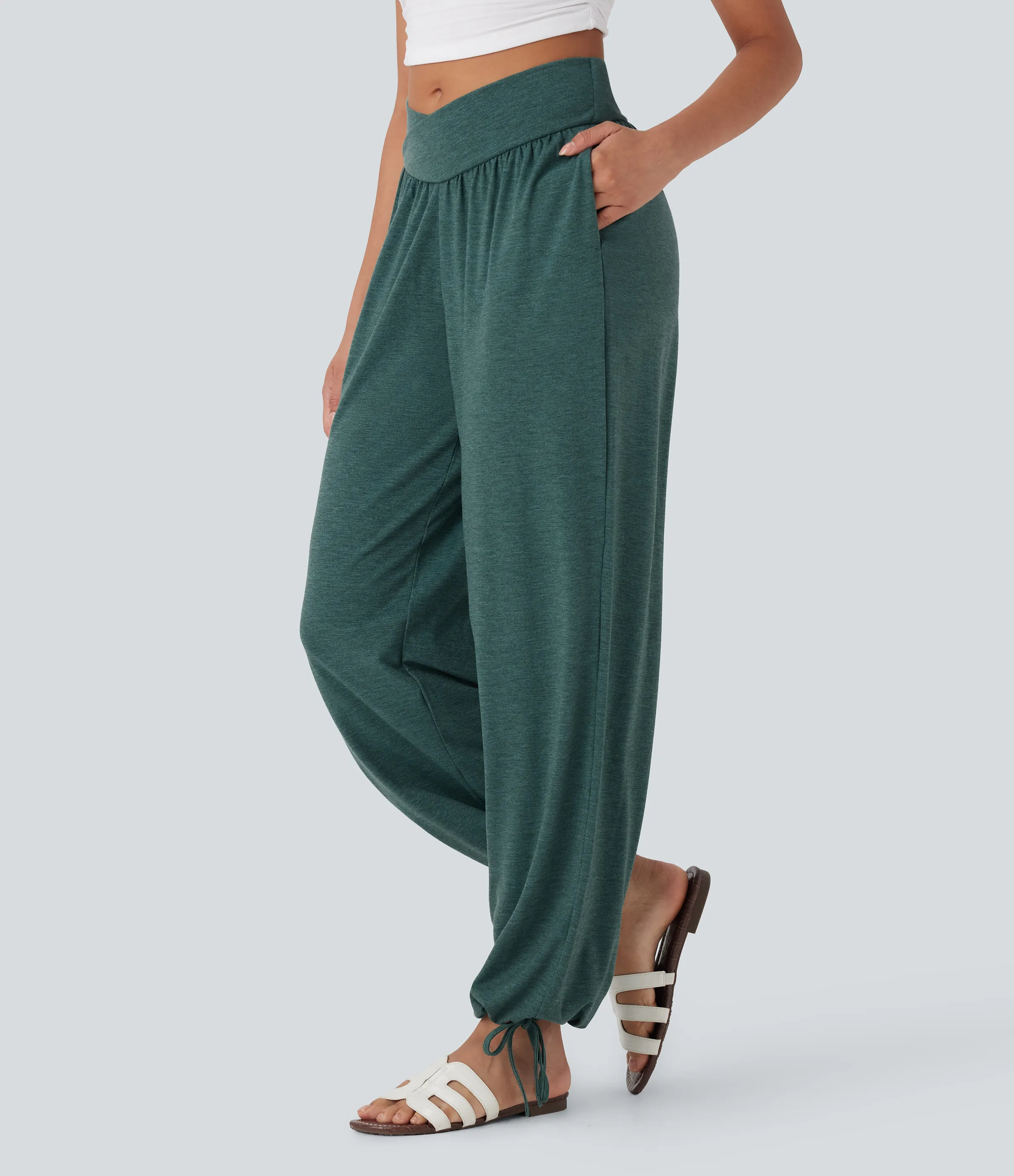 Halara Pantalón deportivo tiro alto bolsillo lateral cordón ajustable - Jade Green Floral Yarn - XL(regular) sold by Halara product image thumbnail 4