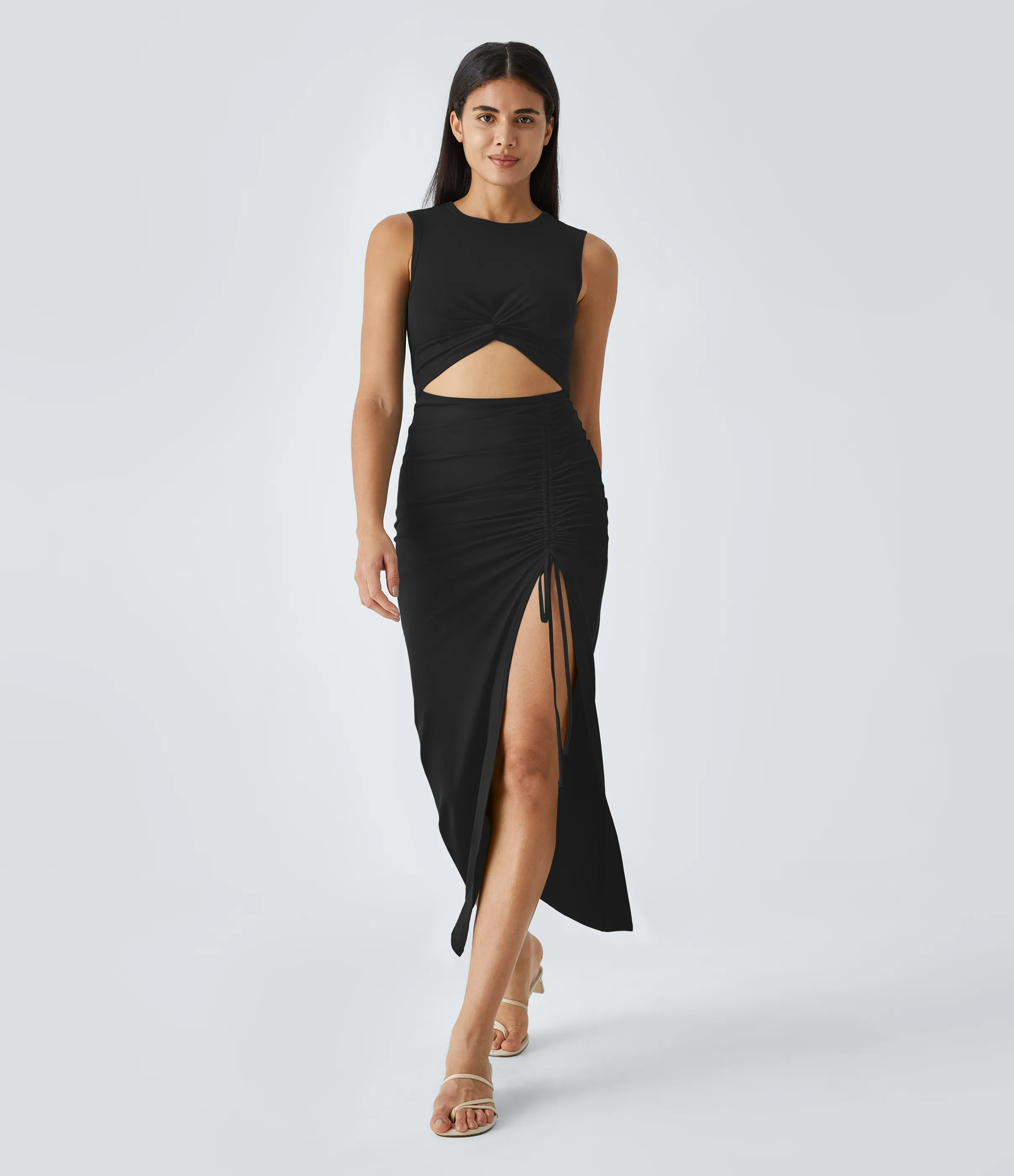 Halara Vestido midi ajustado cuello redondo corte torcido cordón fruncido dobladillo dividido - Black - S sold by Halara product image thumbnail 2