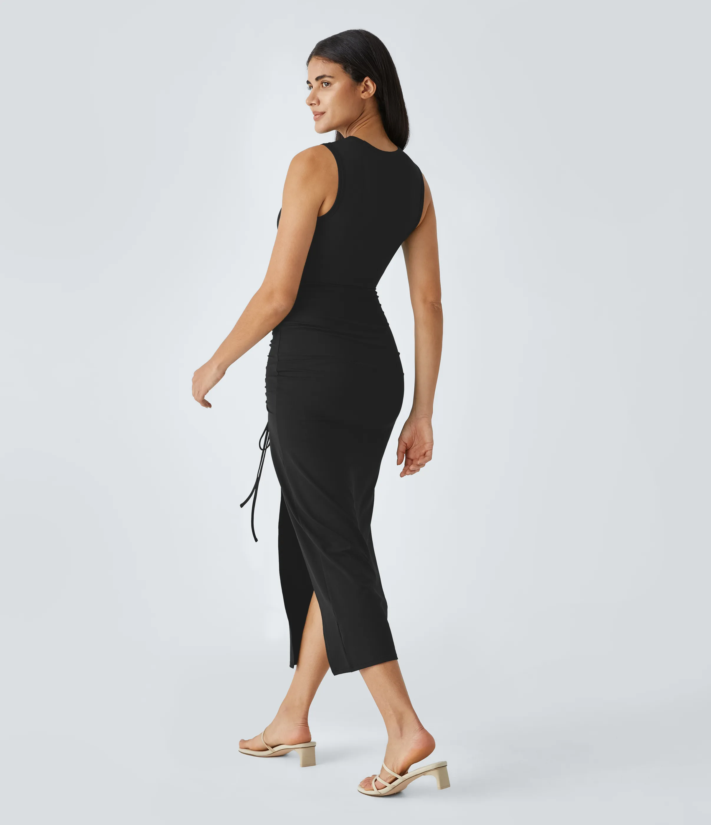 Halara Vestido midi ajustado cuello redondo corte torcido cordón fruncido dobladillo dividido - Black - S sold by Halara product image thumbnail 3