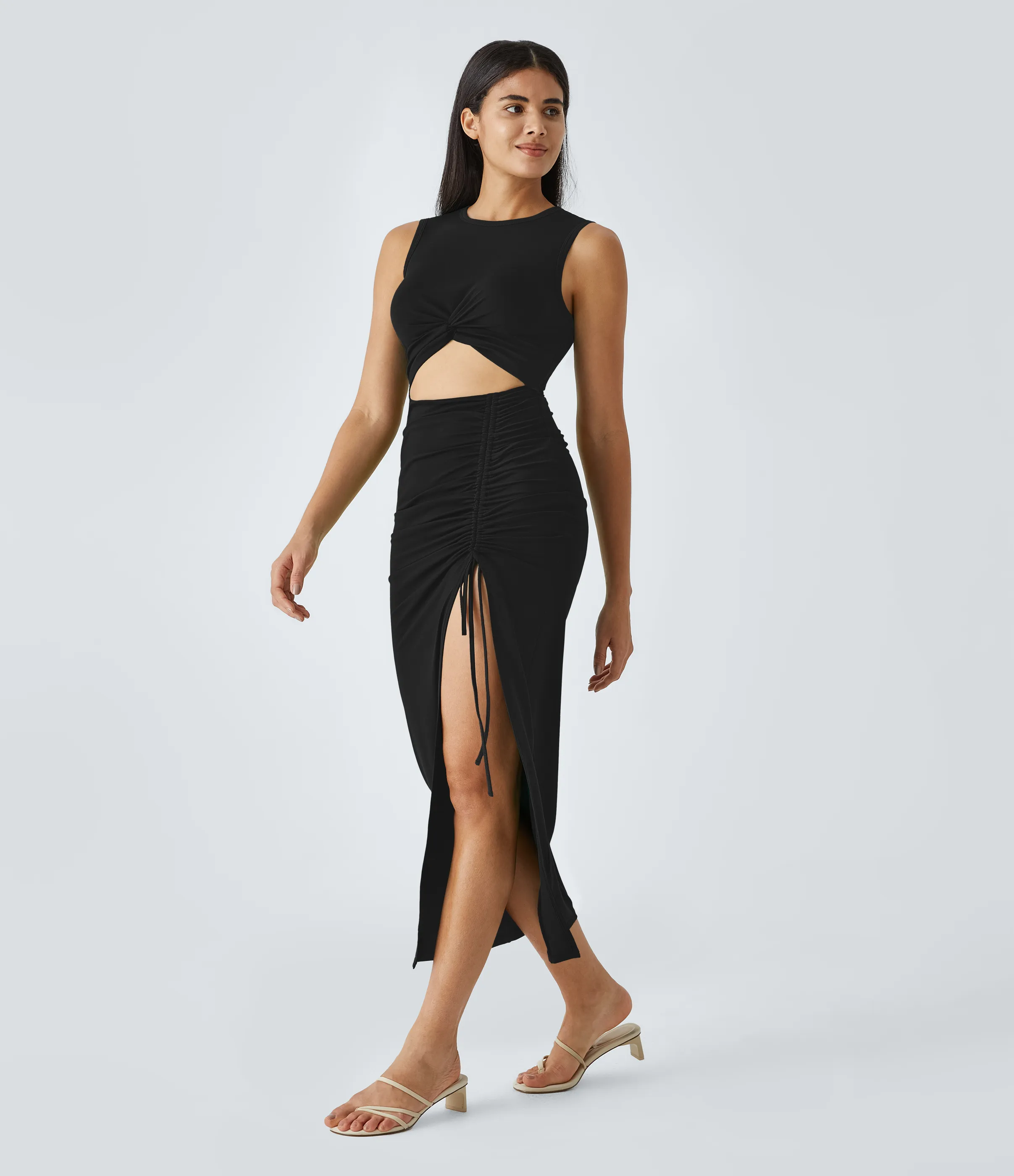Halara Vestido midi ajustado cuello redondo corte torcido cordón fruncido dobladillo dividido - Black - S sold by Halara product image thumbnail 4