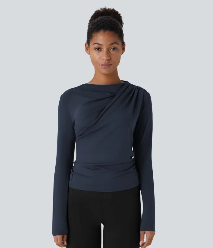 Halara Blusa oficina ajustada manga larga fruncida cuello vuelto - Dark Sapphire - XS made by Halara