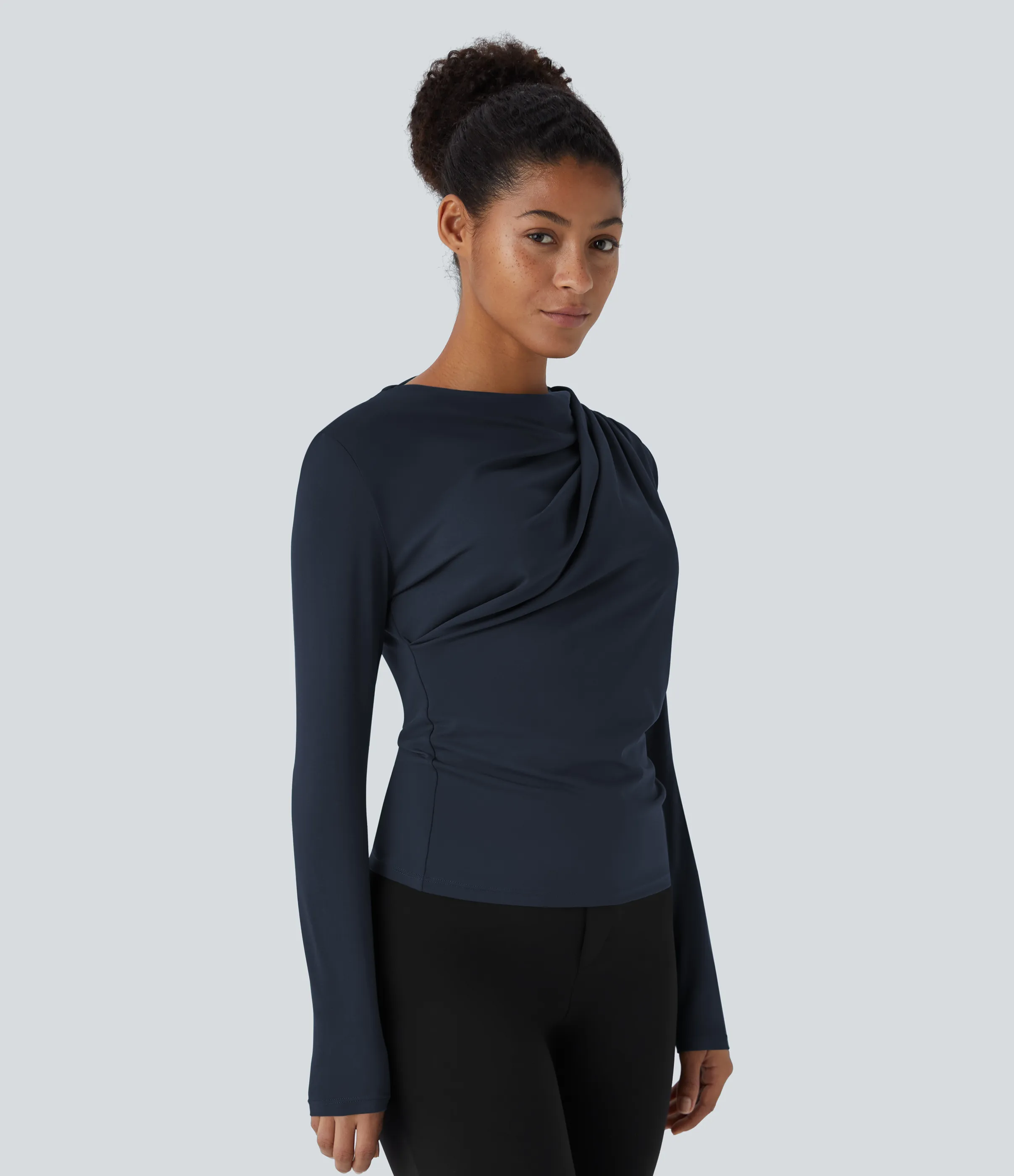 Halara Blusa oficina ajustada manga larga fruncida cuello vuelto - Dark Sapphire - XS sold by Halara product image thumbnail 4