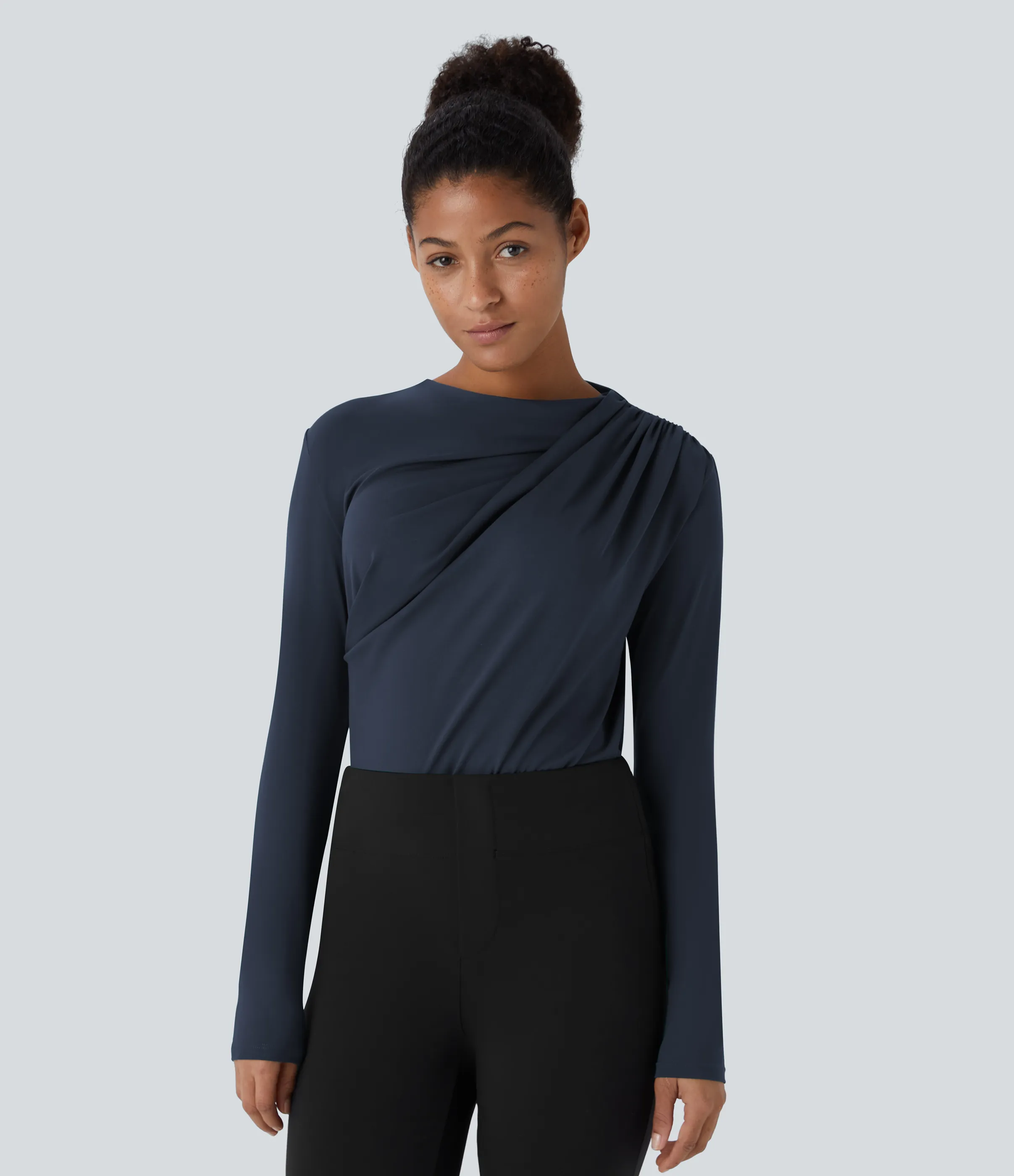 Halara Blusa oficina ajustada manga larga fruncida cuello vuelto - Dark Sapphire - XS sold by Halara product image thumbnail 5