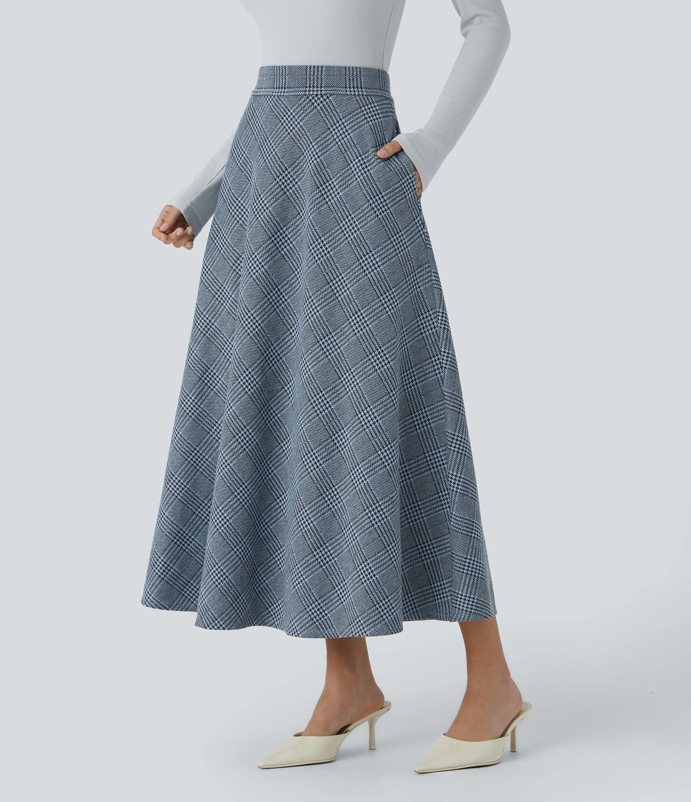 Halara Falda midi acampanada cuadro pata gallo bolsillo lateral tiro alto - Grey Houndstooth Plaid - S(regular) sold by Halara product image thumbnail 4