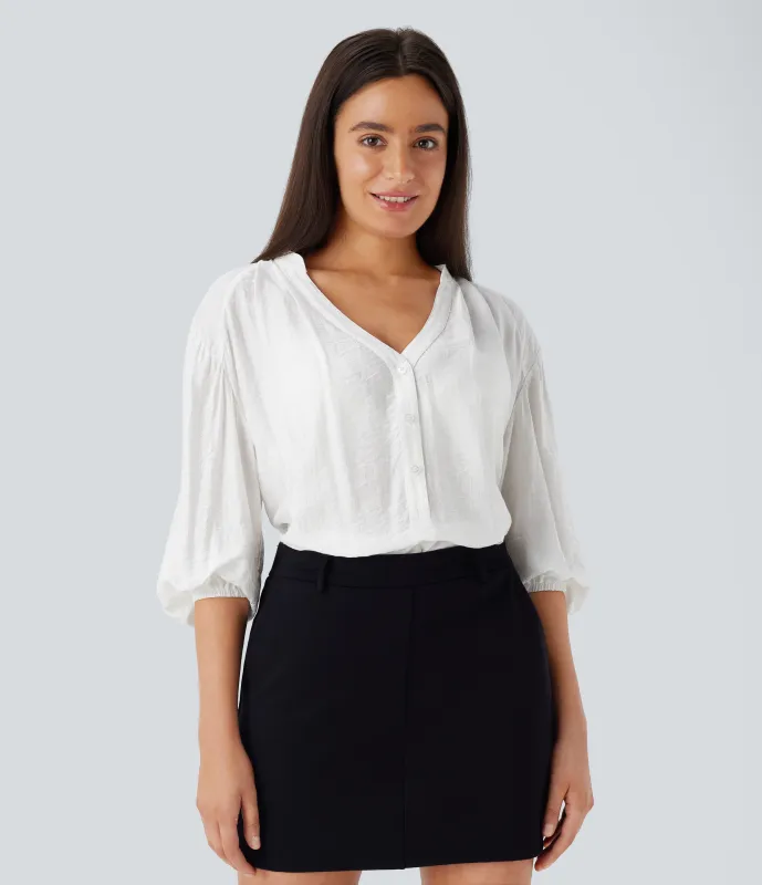 Halara Blusa gran tamaño cuello V manga obispo - White - XL made by Halara