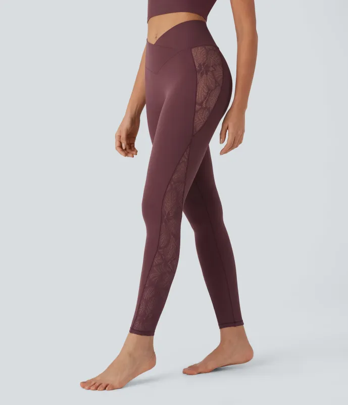Halara Leggings Softlyzero™ yoga tiro alto encaje contrastante bolsillo trasero cruzado 7/8 pulgada - UPF50+ - Red Mahogany - XL(7/8) made by Halara