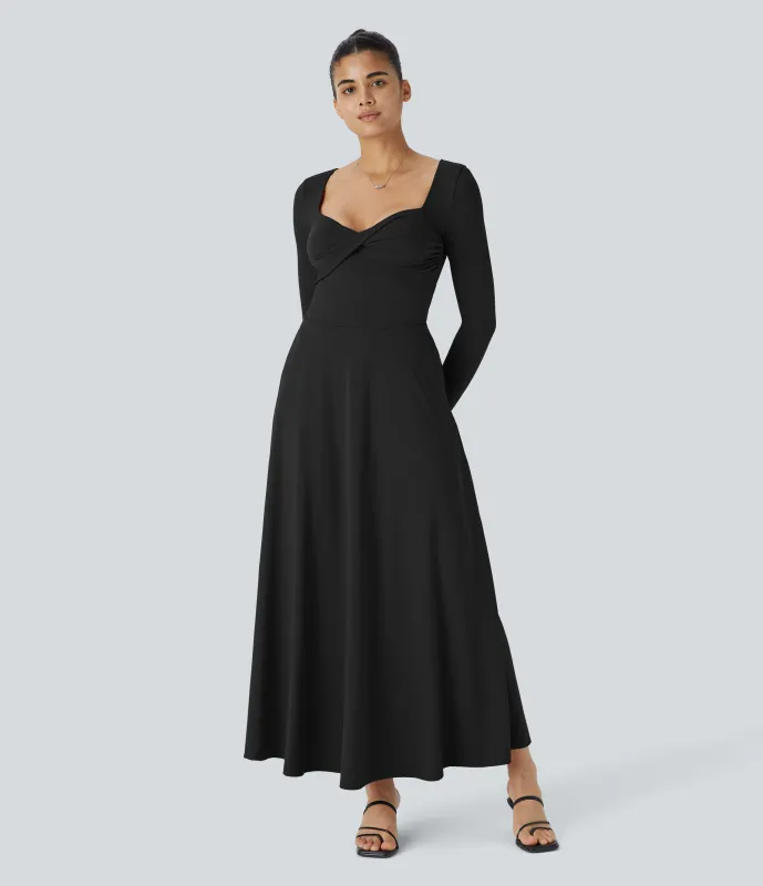 Halara Vestido maxi resort fluido cuello corazón manga larga bolsillo lateral retorcido - Black - L made by Halara