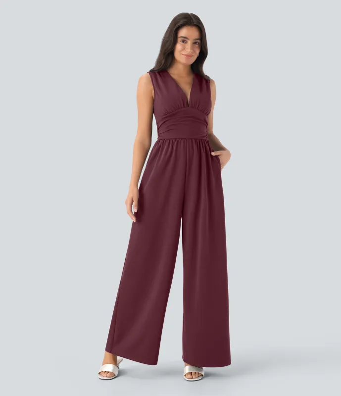 Halara Mono fiesta cuello V sin mangas fruncido lateral cremallera invisible - Easy Peezy - Zinfandel - M(tall) made by Halara