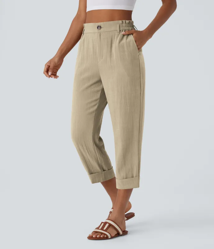 Halara Pantalón capri lino tiro alto bolsillo lateral cremallera botón - Fields of Rye - XS(regular) made by Halara