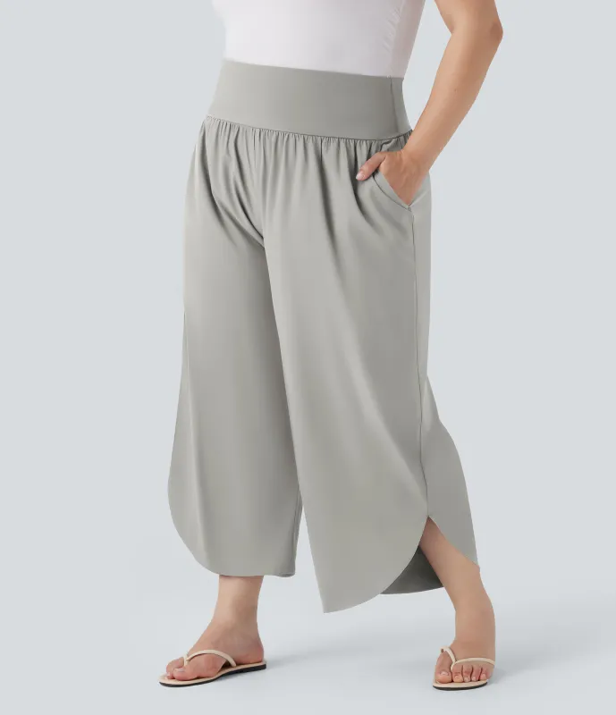Halara Pantalón moldeador Breezeful™ de tiro alto con efecto moldeador de abdomen, dobladillo dividido, secado rápido y bolsillos laterales de talla grande - Dust Gray - 2X(regular) made by Halara