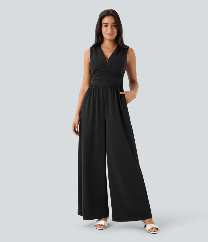 Halara Mono fiesta cuello V sin mangas fruncido lateral cremallera invisible - Easy Peezy - Black - XS(petite) made by Halara