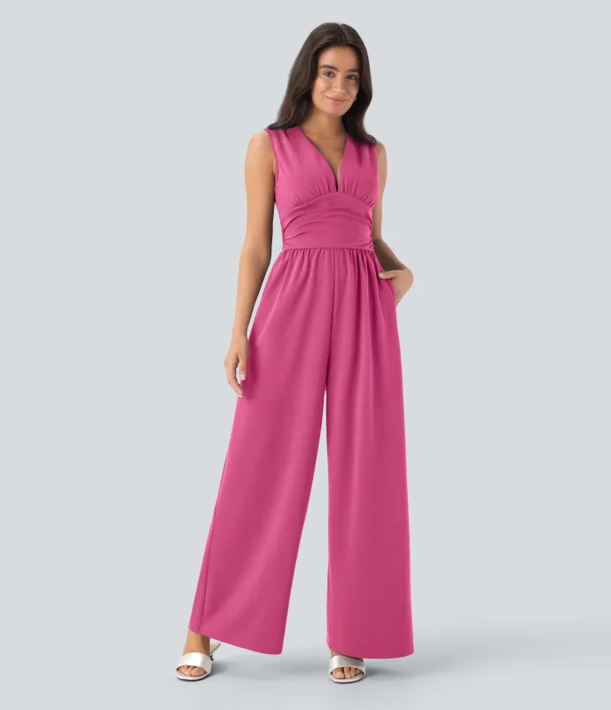 Halara Mono fiesta cuello V sin mangas fruncido lateral cremallera invisible - Easy Peezy - Fandango Pink - XS(petite) made by Halara