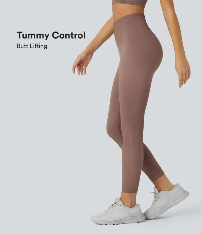 Halara Leggings de entrenamiento acanalados con tiro alto suaves y sin costuras con control de abomen y push-up - Autumn Brown - L(7/8) made by Halara