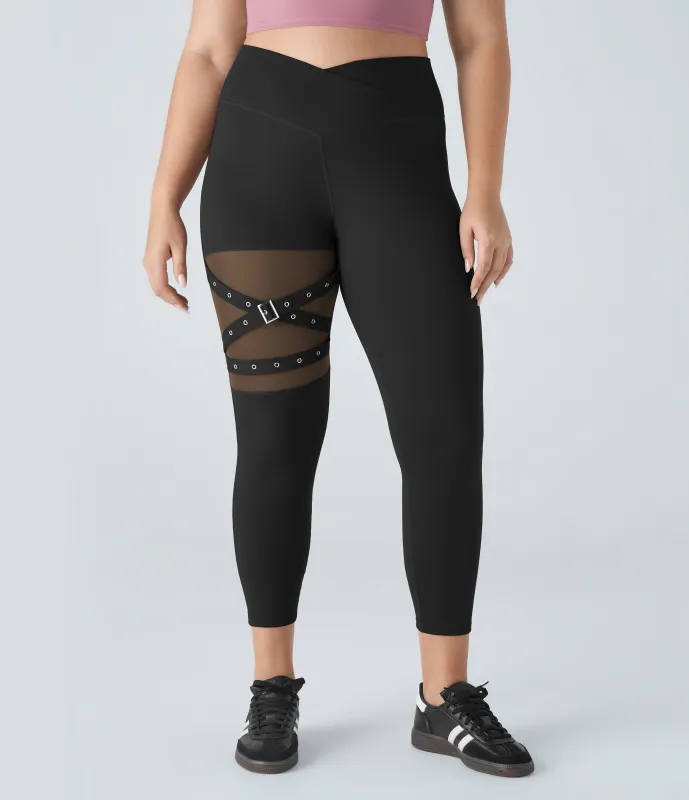 Halara Leggings yoga tiro alto hebilla decorativa malla contrastante cruzado talla grande - Black - 3X(7/8) made by Halara