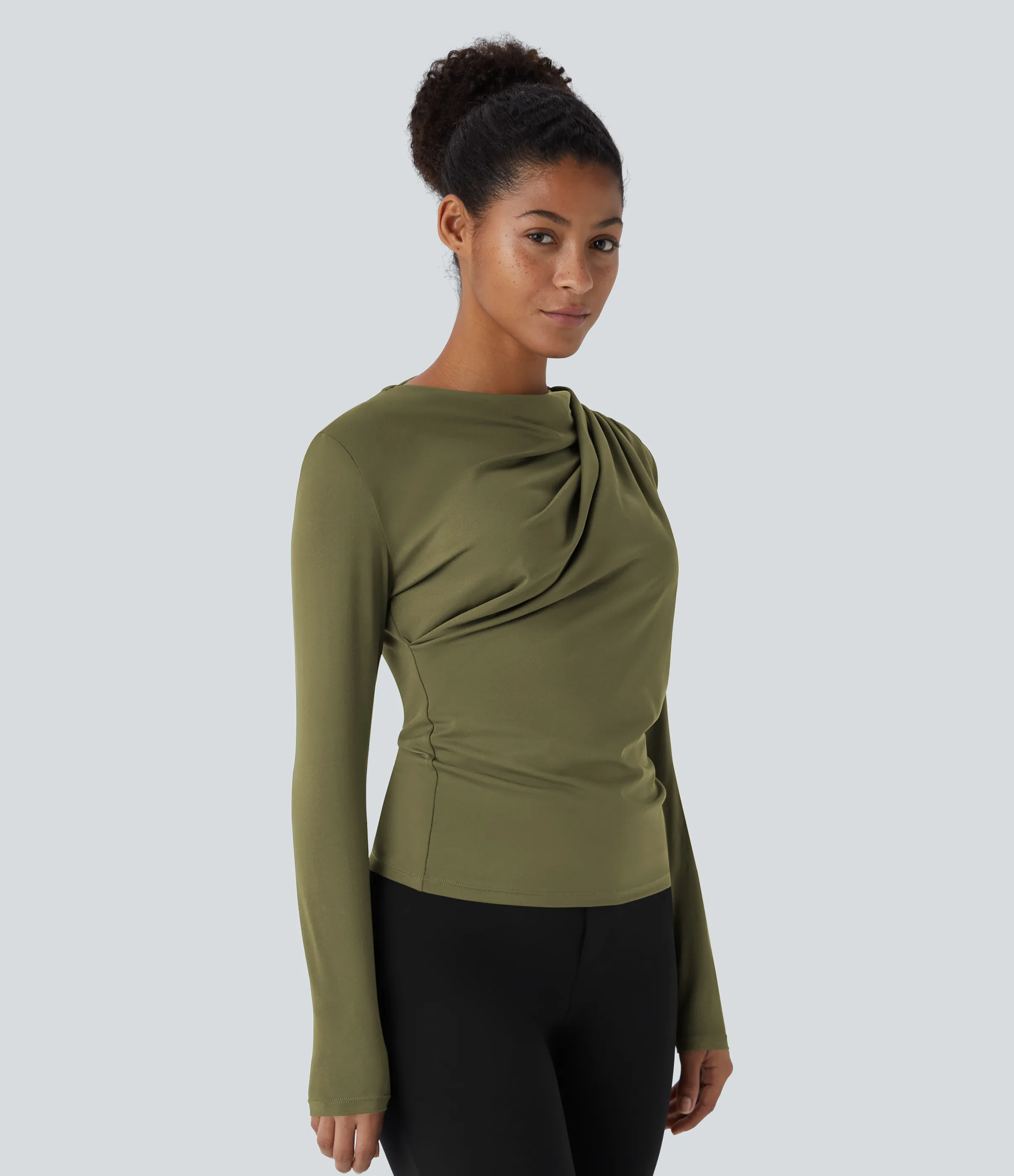 Halara Blusa oficina ajustada manga larga fruncida cuello vuelto - Capulet Olive - L sold by Halara product image thumbnail 4
