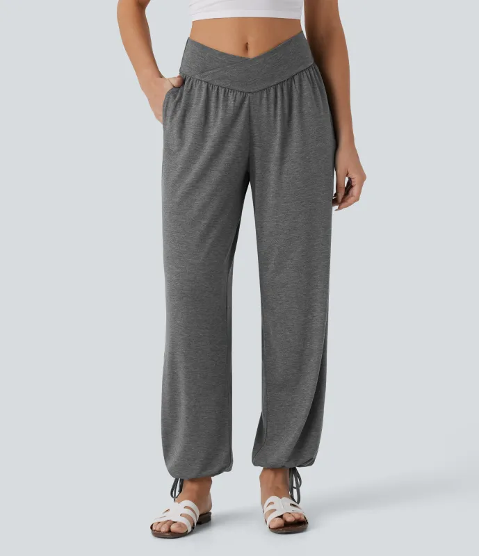 Halara Pantalón deportivo tiro alto bolsillo lateral cordón ajustable - Darl Gray Floral Yarn - XL(regular) made by Halara