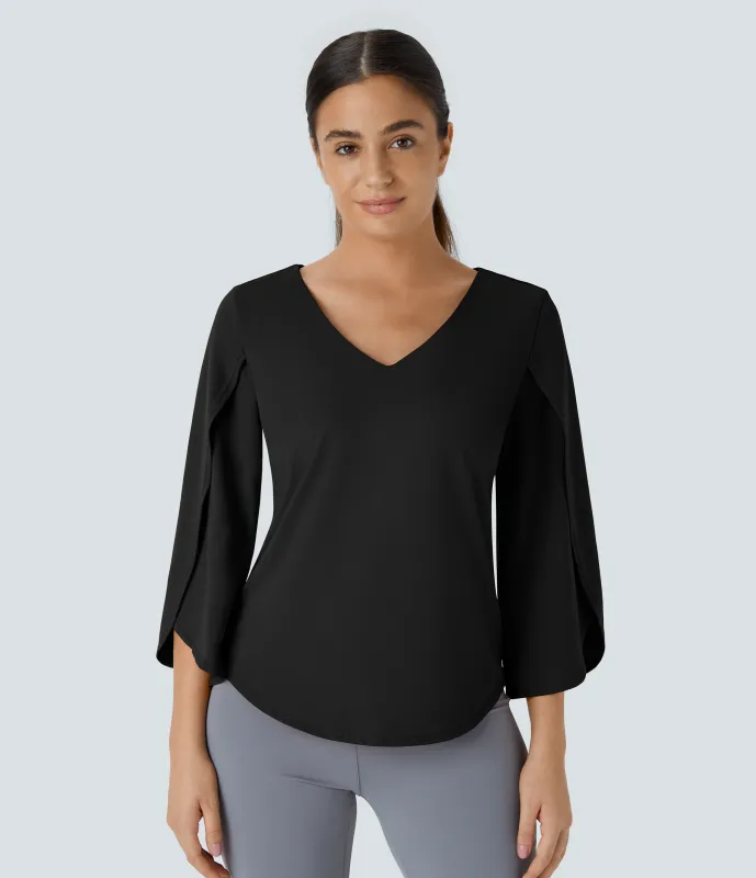 Halara Top oficina dobladillo curvado manga 3/4 cuello V - Black - XL made by Halara