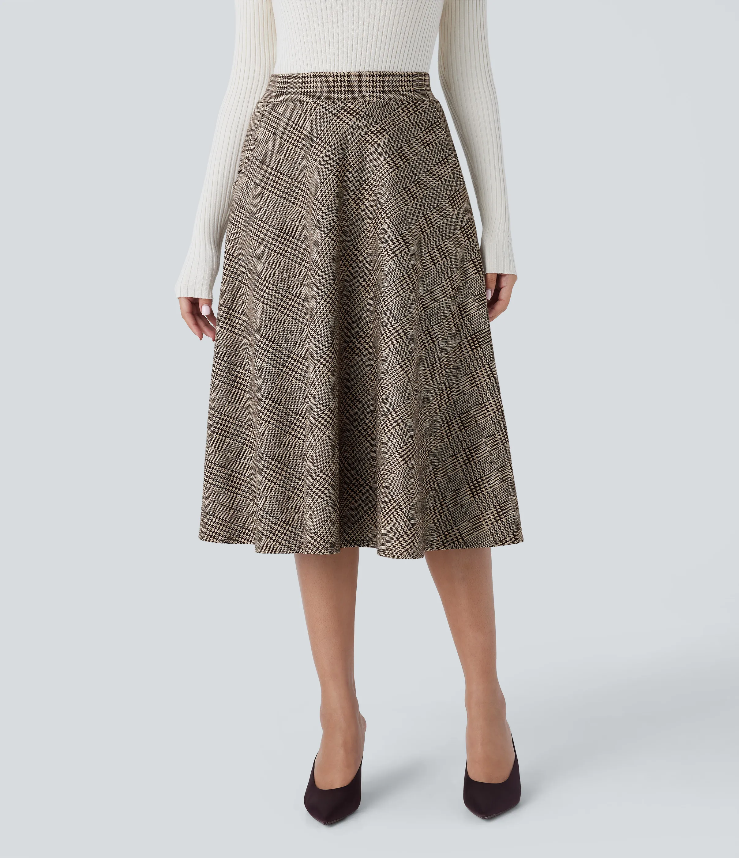 Halara Falda midi acampanada cuadro pata gallo bolsillo lateral tiro alto - Brown Houndstooth Plaid - XL(regular) sold by Halara product image thumbnail 2