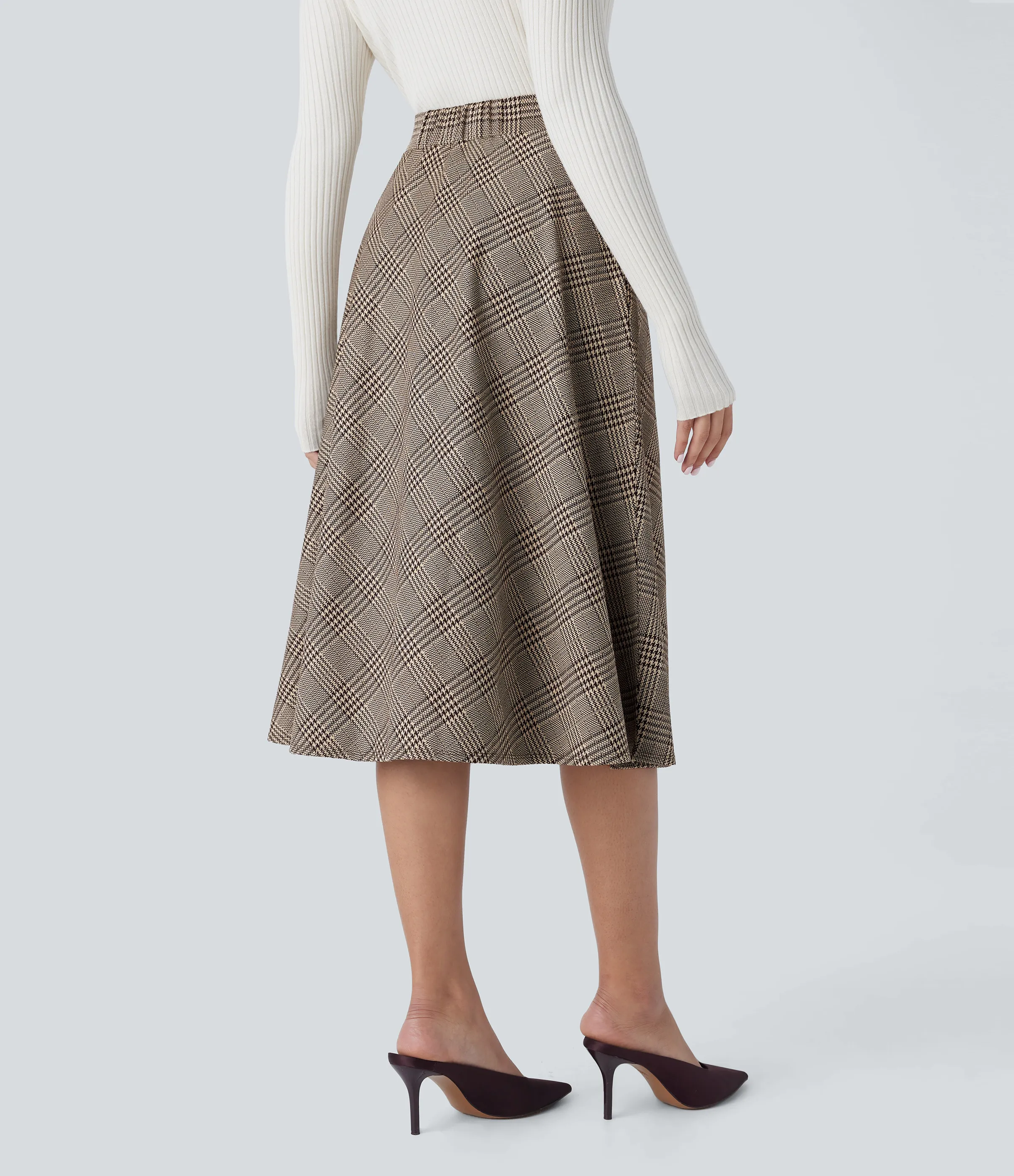 Halara Falda midi acampanada cuadro pata gallo bolsillo lateral tiro alto - Brown Houndstooth Plaid - XL(regular) sold by Halara product image thumbnail 3