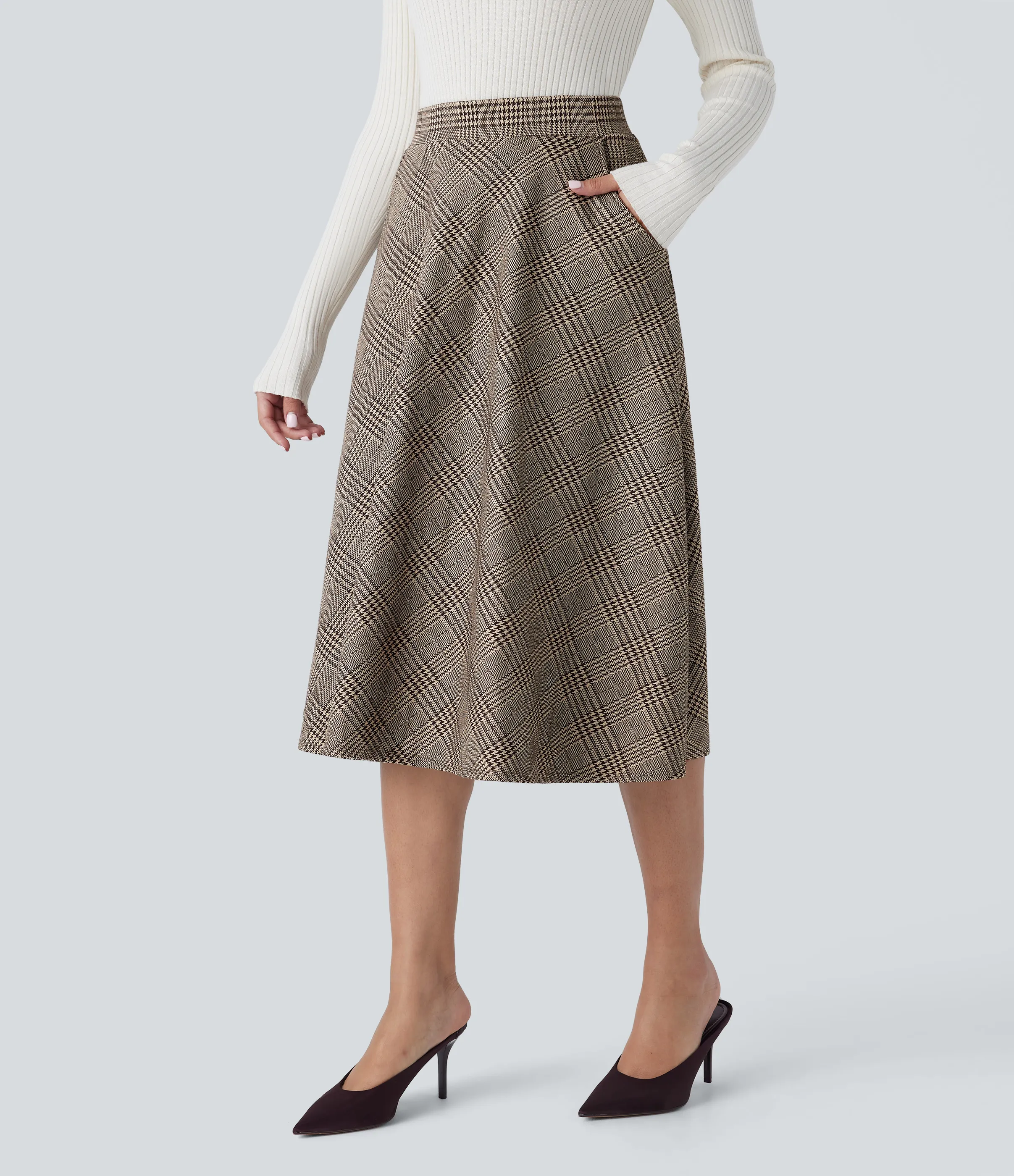 Halara Falda midi acampanada cuadro pata gallo bolsillo lateral tiro alto - Brown Houndstooth Plaid - XL(regular) sold by Halara product image thumbnail 4