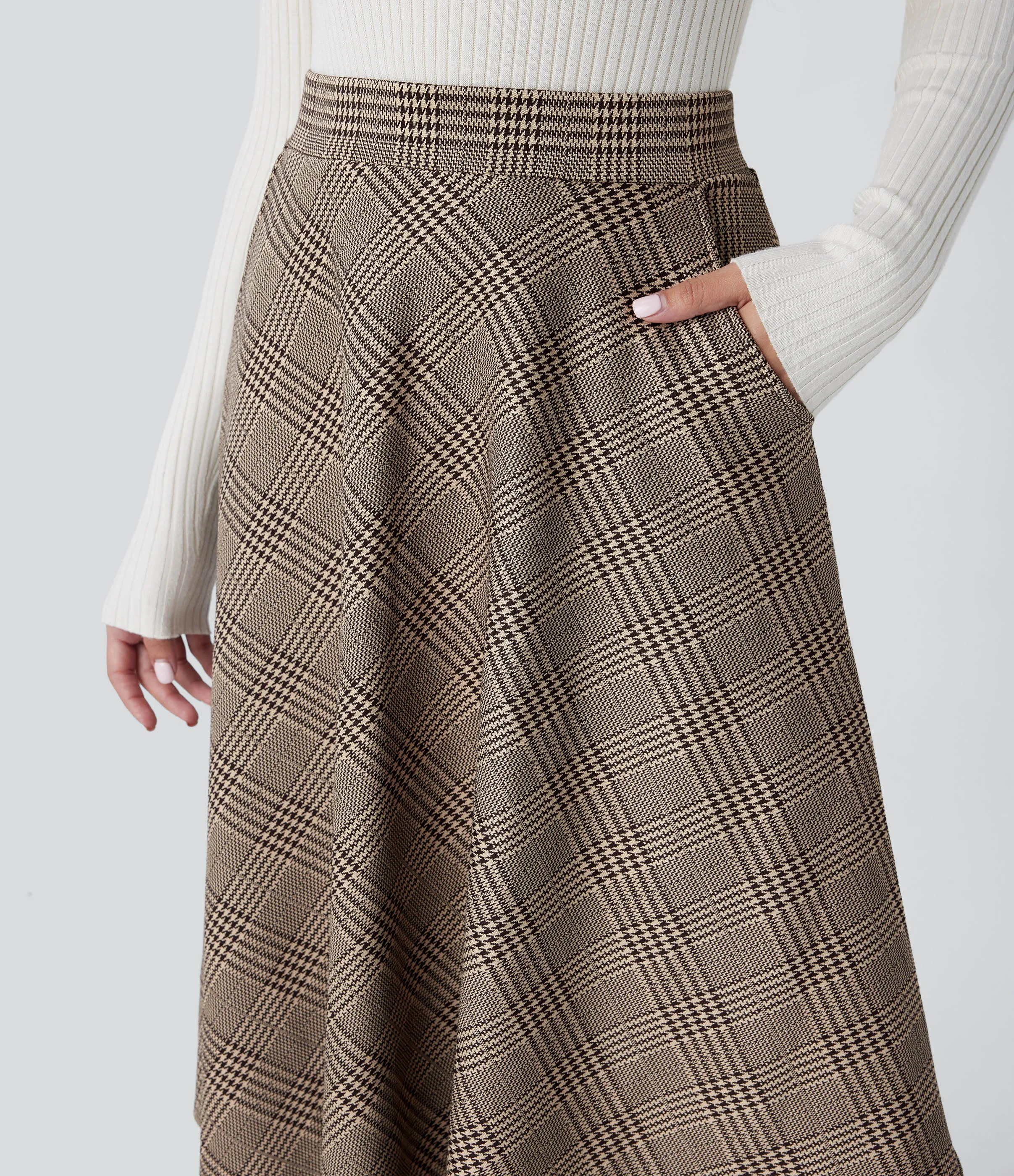 Halara Falda midi acampanada cuadro pata gallo bolsillo lateral tiro alto - Brown Houndstooth Plaid - XL(regular) sold by Halara product image thumbnail 5