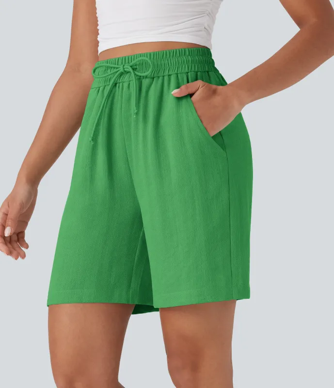 Halara Shorts casuales de lino con tiro alto y cordón ajustable con bolsillos laterales - Kelly Green - XS made by Halara