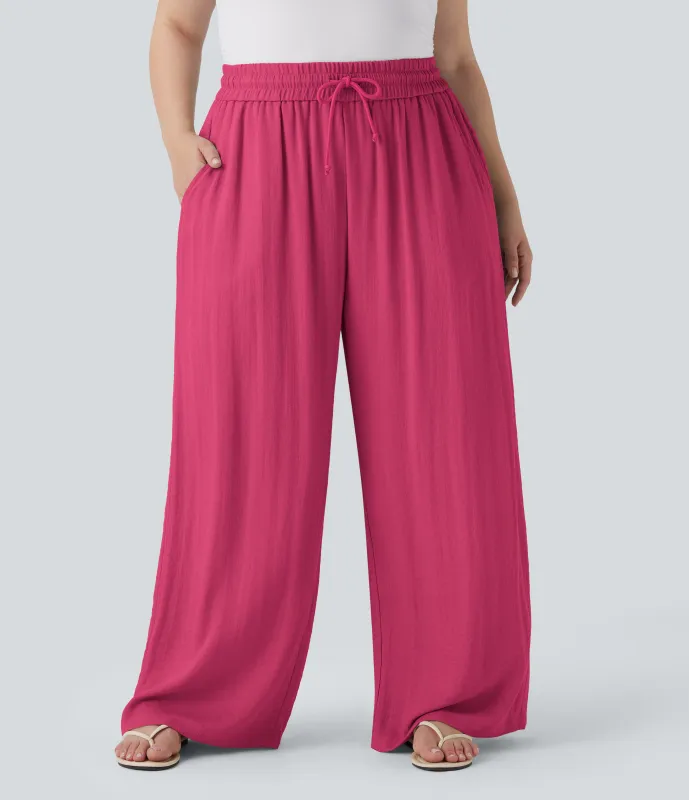 Halara Pantalón lino tiro alto cordón ajustable pierna ancha bolsillo talla grande - Raspberry Sorbet - 2X(regular) made by Halara