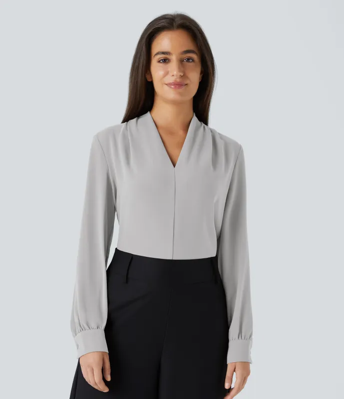 Halara Blusa oficina plisada manga larga cuello V - Oyster Mushroom - M made by Halara