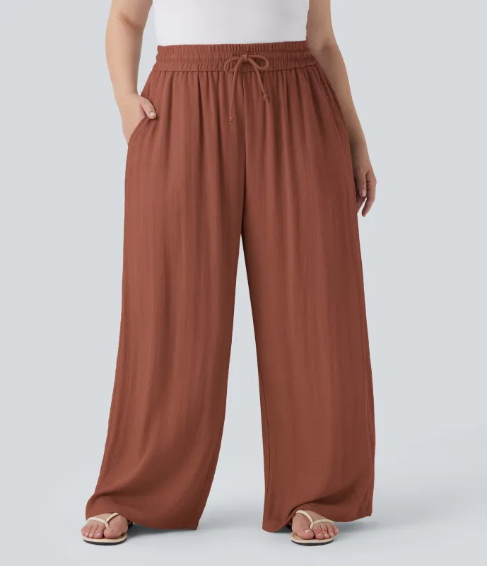 Halara Pantalón lino tiro alto cordón ajustable pierna ancha bolsillo talla grande - Sequoia - 2X(tall) made by Halara