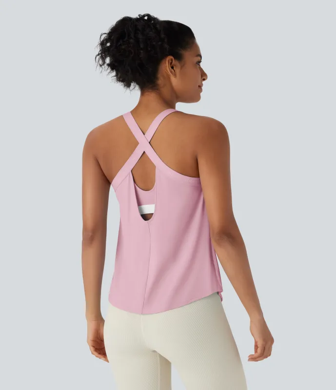 Halara Camiseta yoga sin mangas cuello U sin espalda entrecruzada dobladillo curvo tacto fresco - UPF50+ - Pink Nectar - M made by Halara